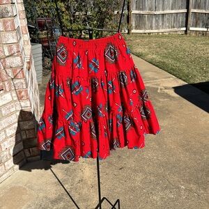 Nos Vintage Tiered Aztec Western Mini Skirt Cotton L USA Made Red Brown Teal